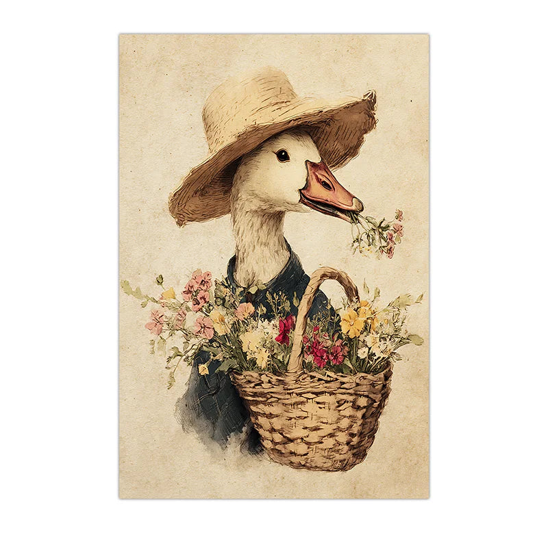 Vintage Animal Wall Art, Whimsical Duck Floral Canvas Painting, Cute Farm Mallard Poster Print for Bedroom Living Room Decor Peaceful Pleasures Health and Wellness 02 50x70cm NoFrame China Mainland