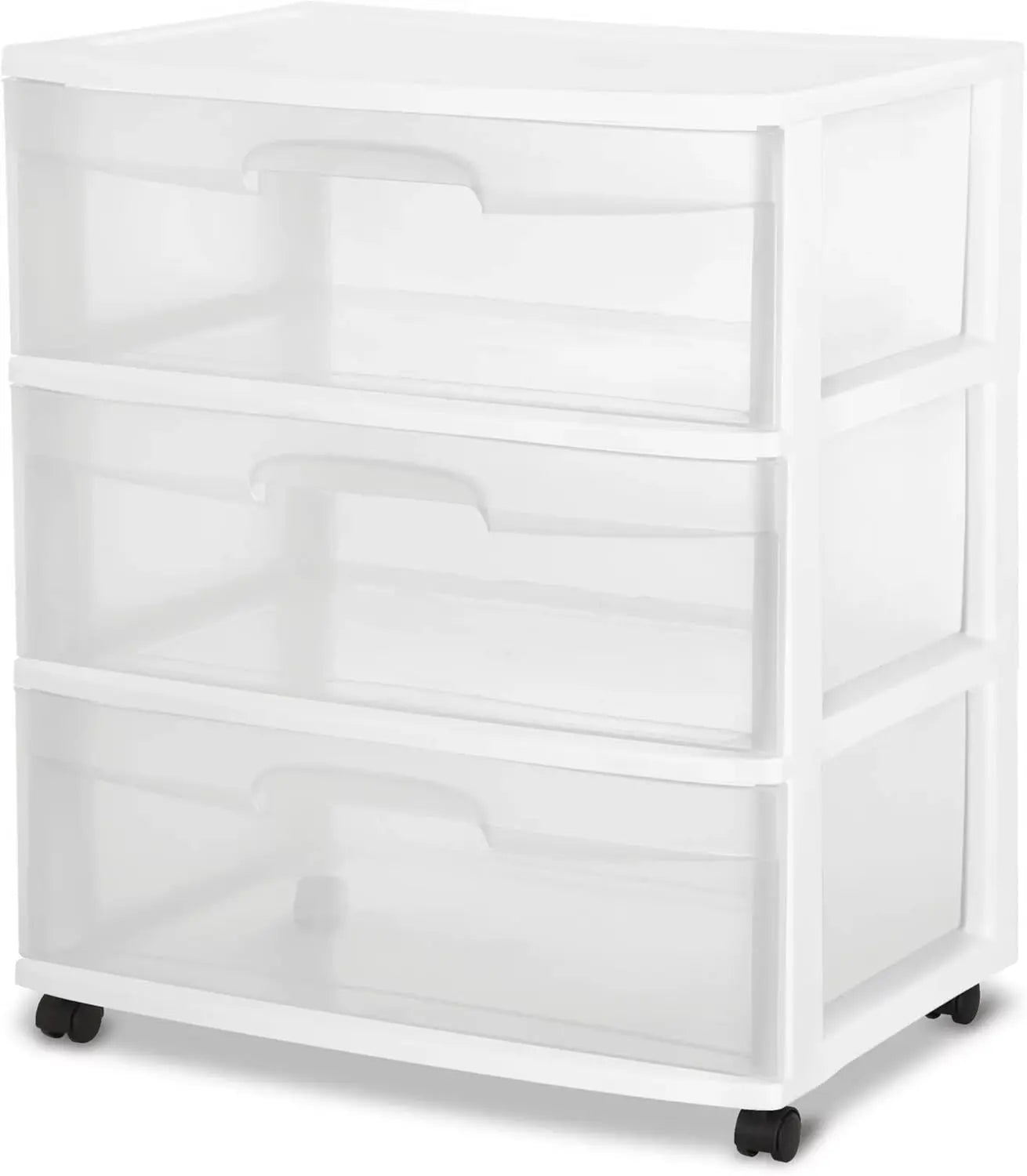White storage unit with transparent drawers on a white background