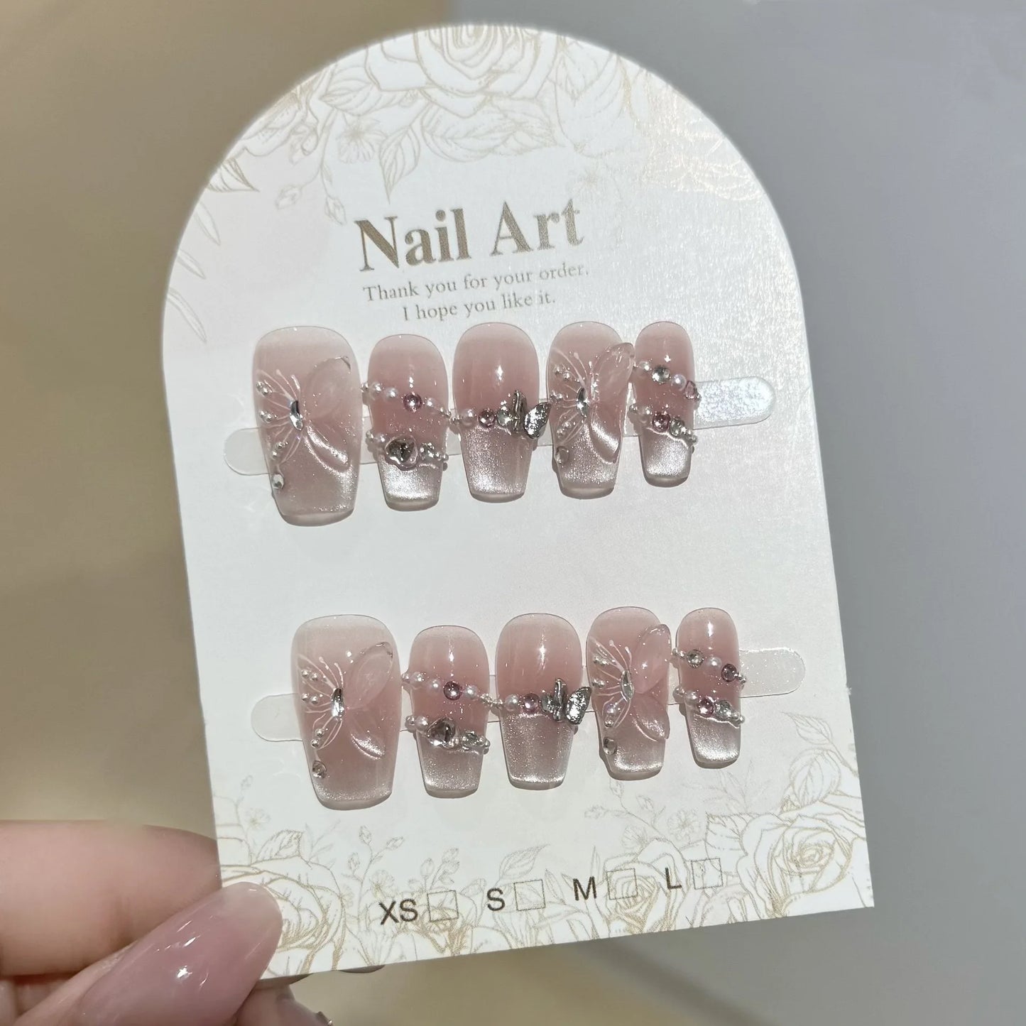 Glitter Cat Eye Press-On Nails | French 3D Butterfly Pink Tips