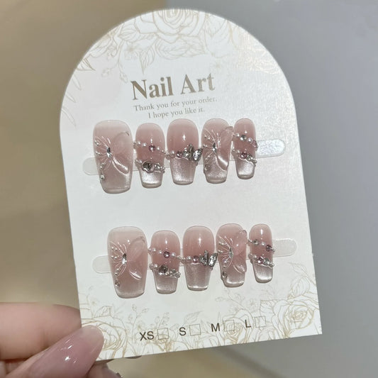 Glitter Cat Eye Press-On Nails | French 3D Butterfly Pink Tips Press-On Nail Tips Peaceful Pleasures Health and Wellness XS