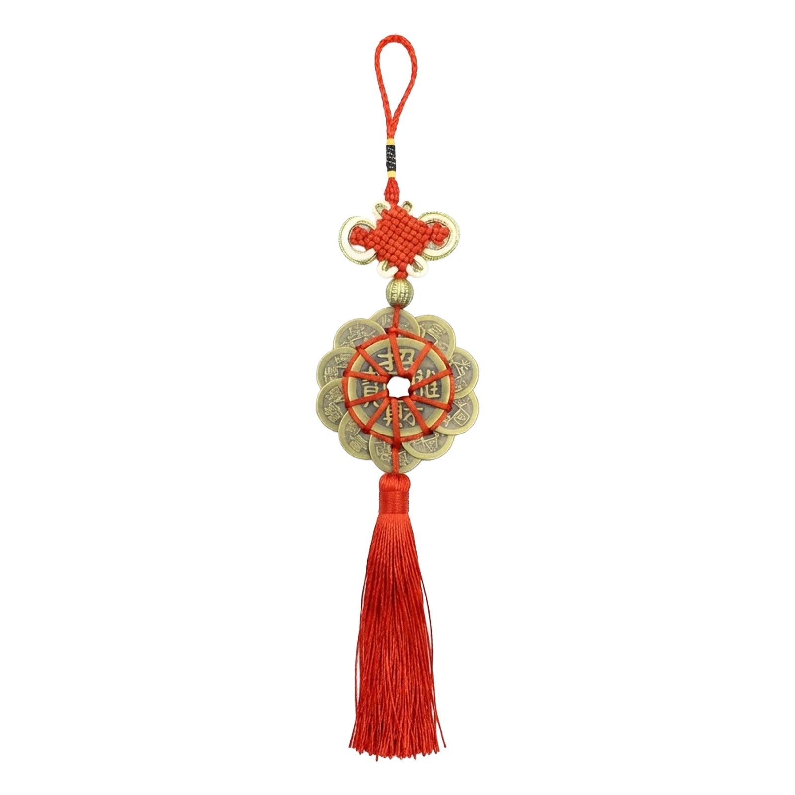 Copper Five Emperor Coin Pendant with Auspicious Knot for Car Home Decor Peaceful Pleasures Health and Wellness Five emperor coins