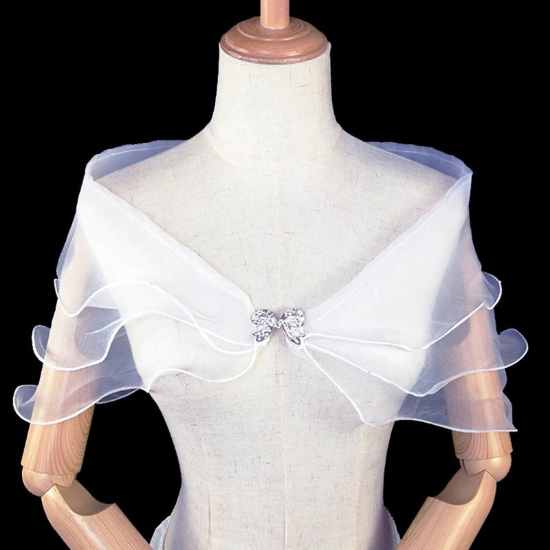 Women Vintage Layered Gauze Shawl Wrap Shrug Rhinestone Buckle Front Wedding Dress Cover Up Sexy Off Shoulder Ruffles Bolero New Peaceful Pleasures Health and Wellness Bleach white One Size