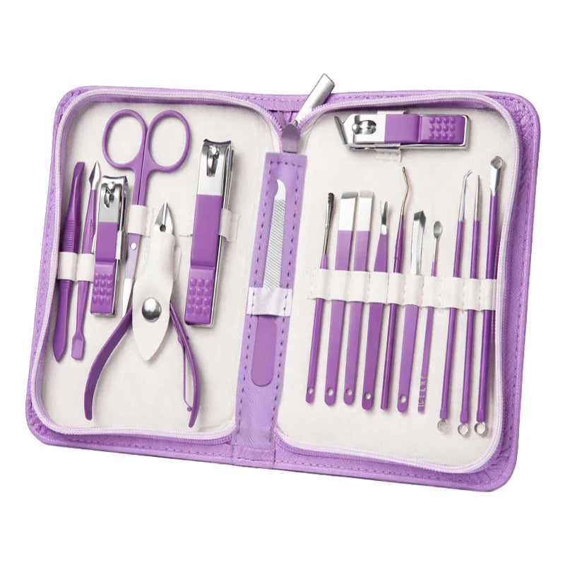 18PCS Professional Nail Clipper Set Home Set Stainless Steel Nail Clippers Hand and Foot Care with Zipper Case for Men & Women Peaceful Pleasures Health and Wellness PURPLE