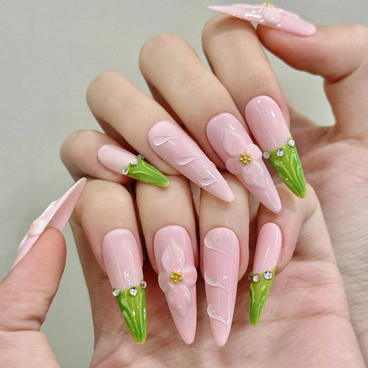 10pcs Handmade Summer Press on Nails Sweet Pink Long Almond False Nails Wearable Ins 3d Carved Flower French False Nail Tips Peaceful Pleasures Health and Wellness