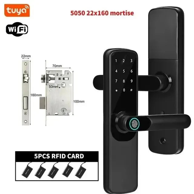 Electronic Smart Door Lock Tuya Wifi With Biometric Fingerprint / Smart Card / Password / Key Unlock/ USB Emergency Charge Peaceful Pleasures Health and Wellness 22x 160