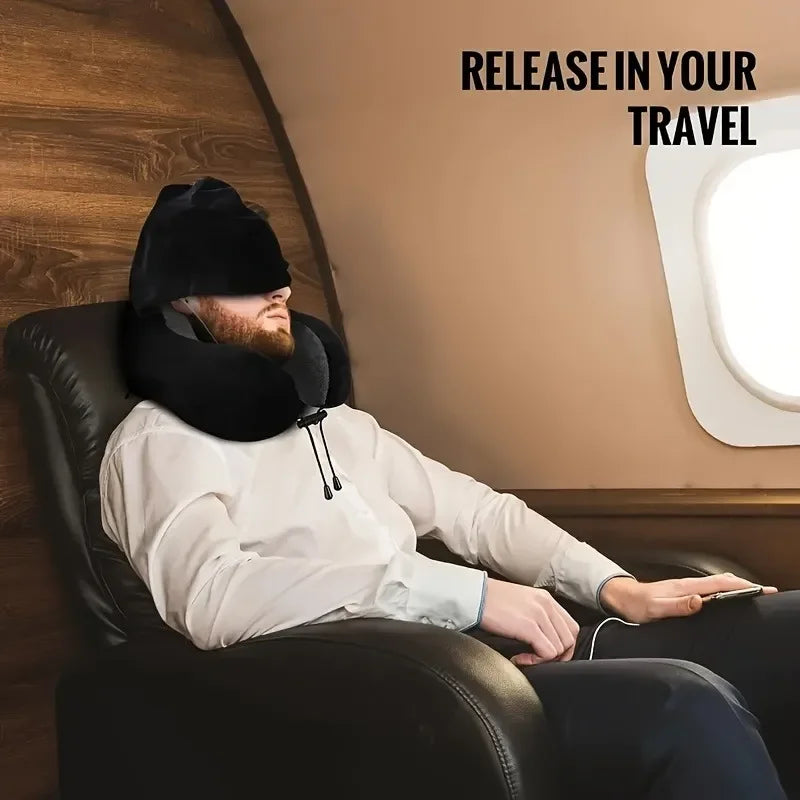 Memory Foam Hooded U-Shaped Travel Pillow with Detachable Cover Portable Neck Support for Airplane Office Nap Car and Home Use Peaceful Pleasures Health and Wellness