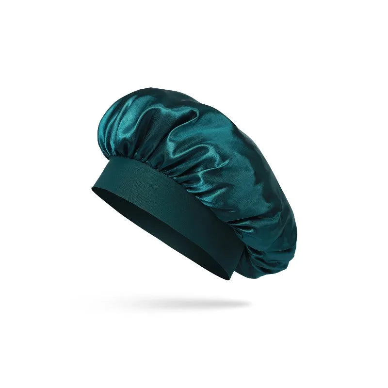 Silk Satin Bonnet for Sleeping Large Wide Soft Band Sleep Cap Women's Curly Hair Braids Protective Style Hair Accessory Peaceful Pleasures Health and Wellness green