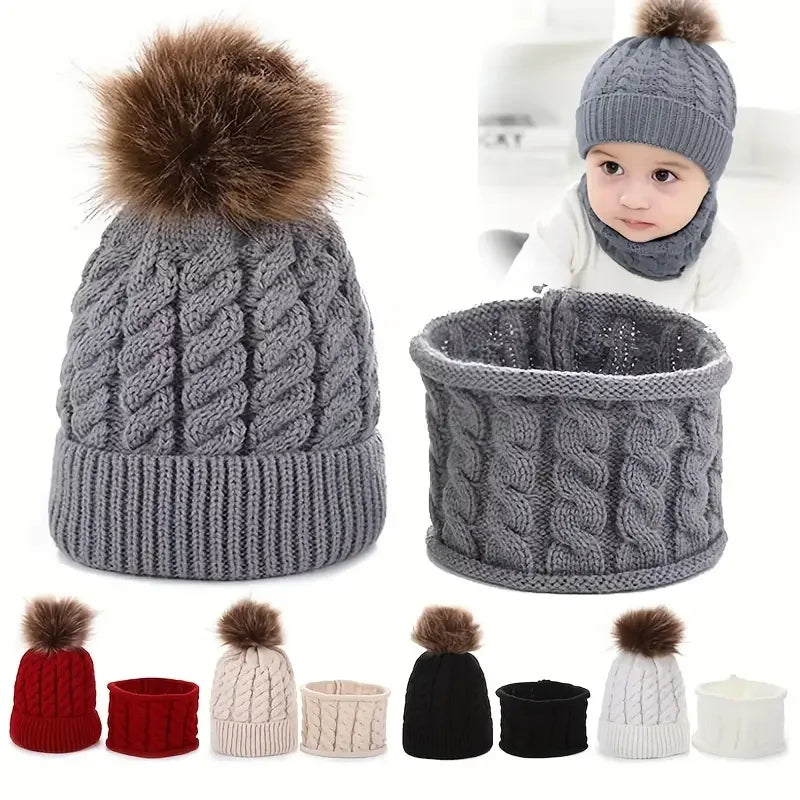 2pcs/set Children's Woolen Hat & Neck Scarf Set, Winter Solid Color Outdoor Cycling Thickened Warm Knitted Hat Peaceful Pleasures Health and Wellness