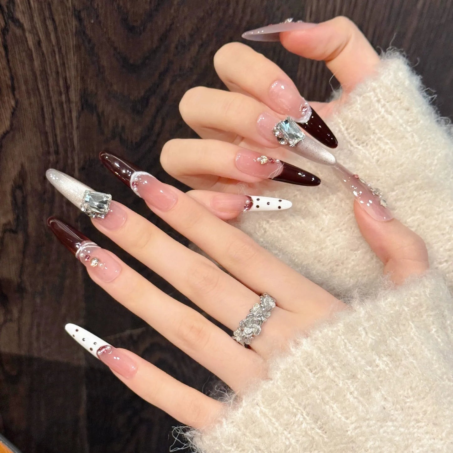 Crystal Cat's Eye Press-On Nails – Wine Red French Almond 10pcs