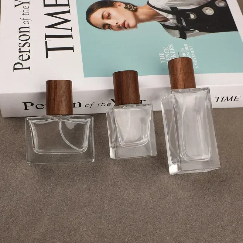 Portable Glass Spray Bottle 30ml 50ml | Refillable Wood Cap