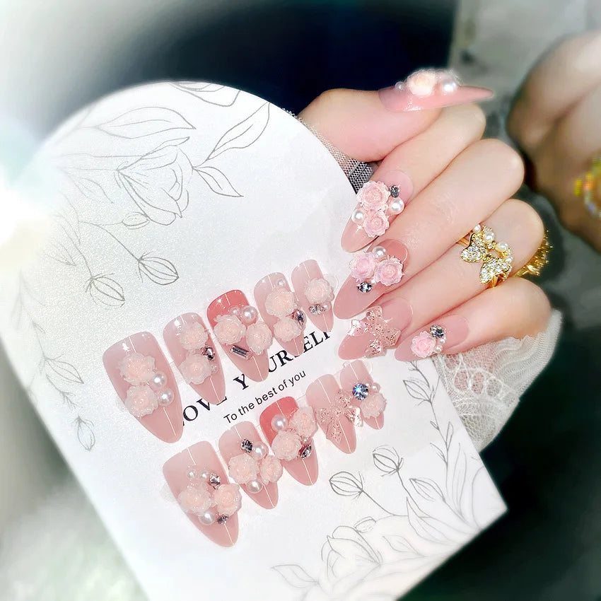 24pcs Sweet Cute Bow False Nails with Pink Crystal Design Korean Fake Nail Tips for Girl Lady Wearable Full Cover Press on Nails Peaceful Pleasures Health and Wellness 15