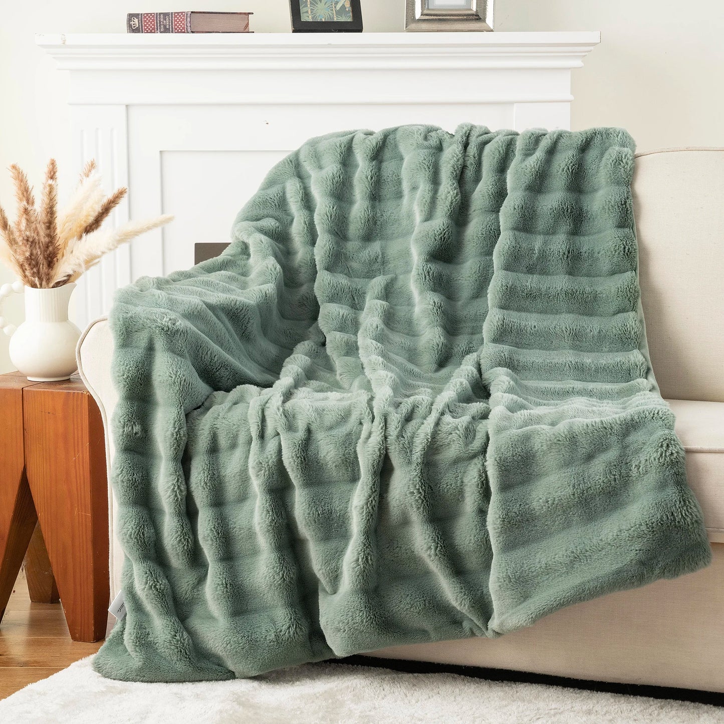 Battilo Faux Fur Throw Blanket ,Faux Rabbit Fur Blanket ,Fluffy Plush Thick Blankets for Bed Sofa,Soft Cozy Fuzzy Mink Blanket Peaceful Pleasures Health and Wellness Sage Green 127x152cm