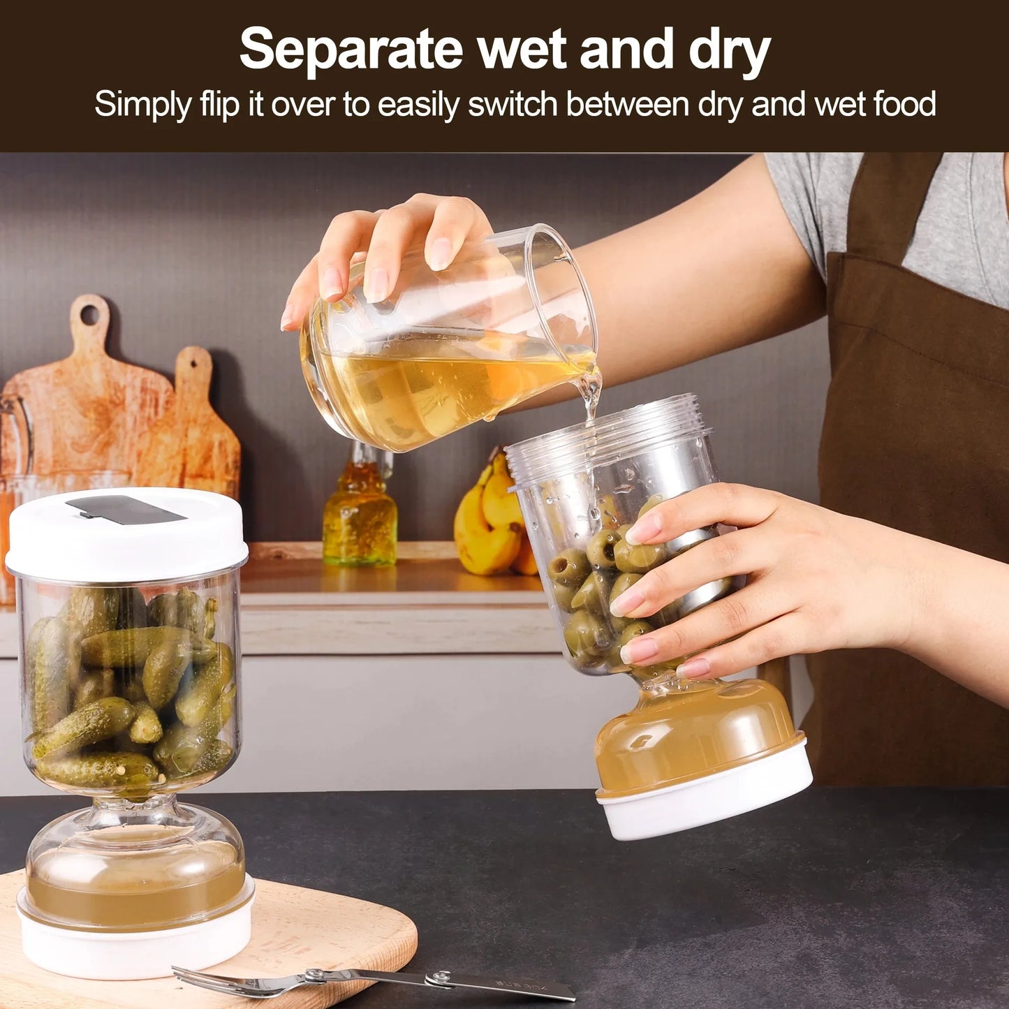 Hourglass Olive & Pickle Strainer Jar with Dry/Wet Separation – Airtight Food Storage Container