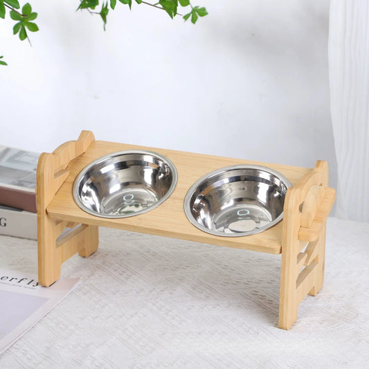 Elevated Cat Bowls | Adjustable Bamboo Stand & Stainless Steel Elevated Cat Bowls Peaceful Pleasures Health and Wellness