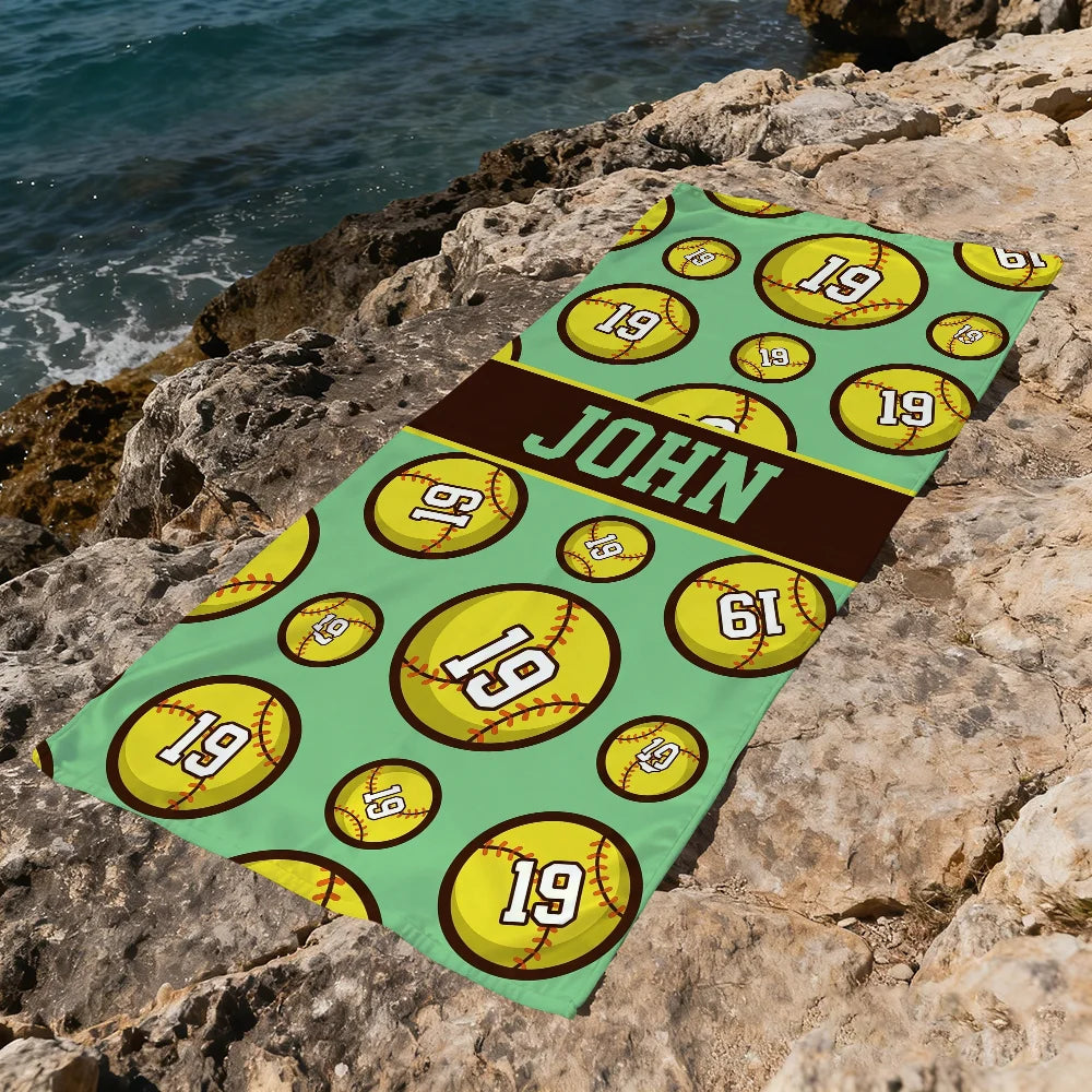 Custom Softball Team Quick-Dry Beach Towel | Sports & Travel Sports Beach Towel Peaceful Pleasures Health and Wellness