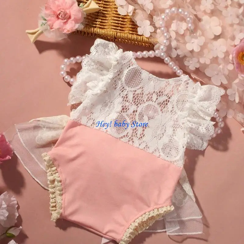 Lace Ruffled Baby Romper Dress & Headband | Newborn Photo Outfit