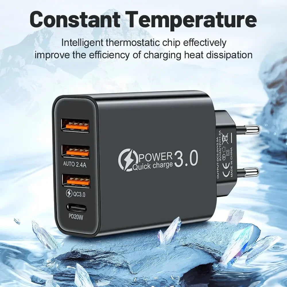 48W 4-Port USB Wall Charger – USB-C & USB-A Travel Adapter