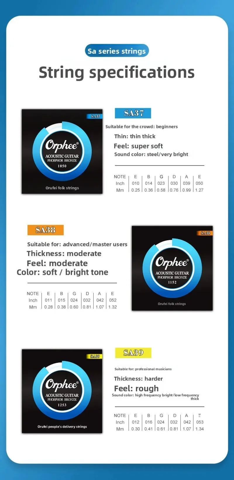 Orphee SA37 SA38 SA39 String Acoustic Guitar Strings Phosphor Bronze