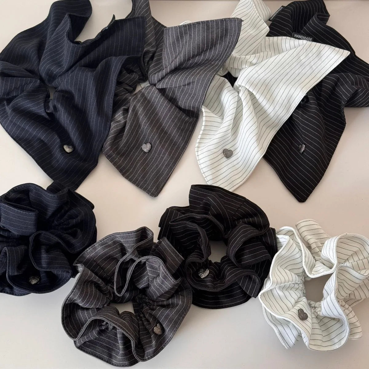 New Korean Stripe Polka Dot Metal Heart Hair Tie Elegant High Grade Square Scarf Large Hair Scrunchie Ponytail Holder Accessory Peaceful Pleasures Health and Wellness