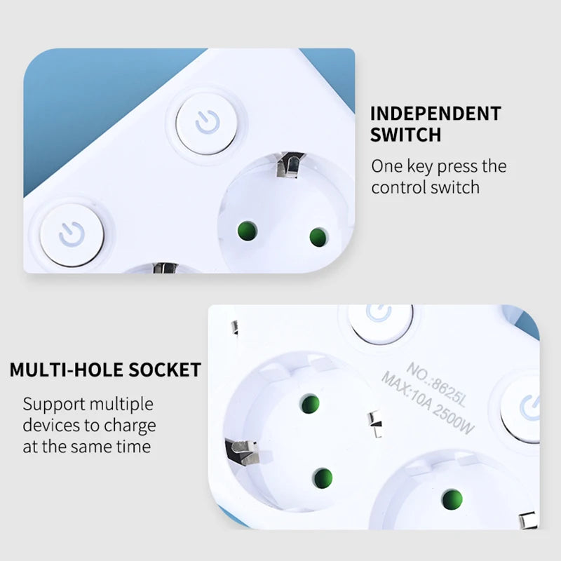 EU Plug Multi Socket Power Strip with USB-C USB Ports Night Light Individual Switches 2500W Wall Charger Adapter for Home Office Peaceful Pleasures Health and Wellness