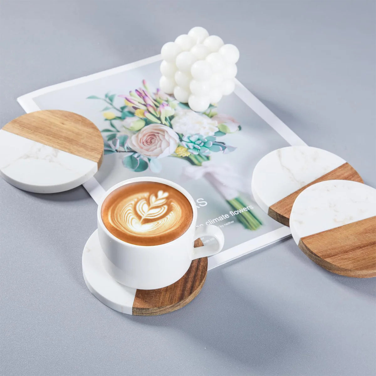 Stylish Wooden and Marble Coaster Set, Elegant Design for Coffee Tables, Durable, Perfect for Protecting Your Furniture Peaceful Pleasures Health and Wellness