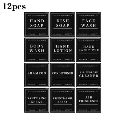 12pcs Shampoo and Conditioner Dispenser Label Stickers Bottles Waterproof Labels Bathroom Removable Cleaning Labels Peaceful Pleasures Health and Wellness Black
