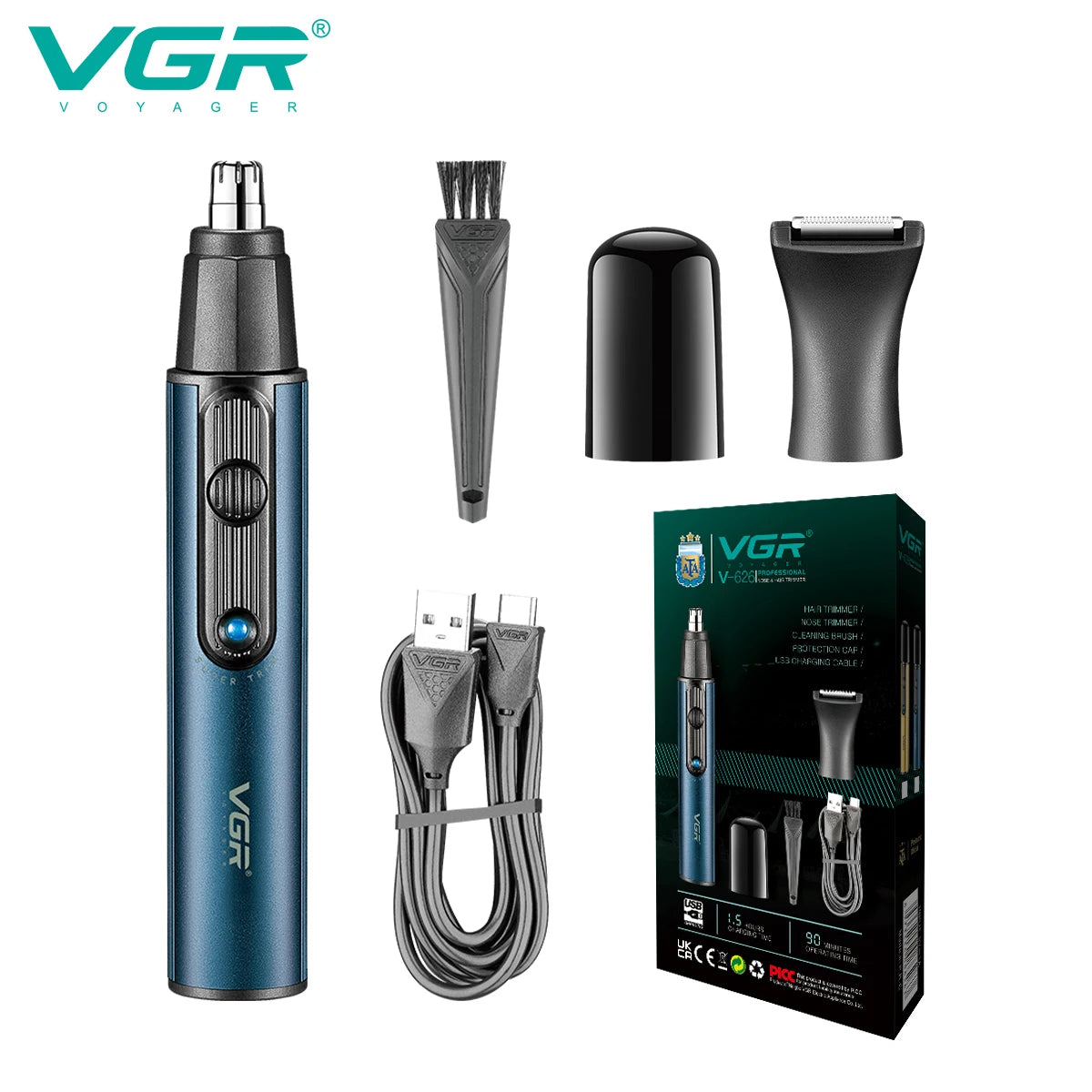 VGR 626 2-in-1 Convenient Hair Cleaning Set Men's Shaver Shaver Metal Nose Hair Trimmer Deep Cleaning Hair Trimmer Hair Removal Peaceful Pleasures Health and Wellness USB