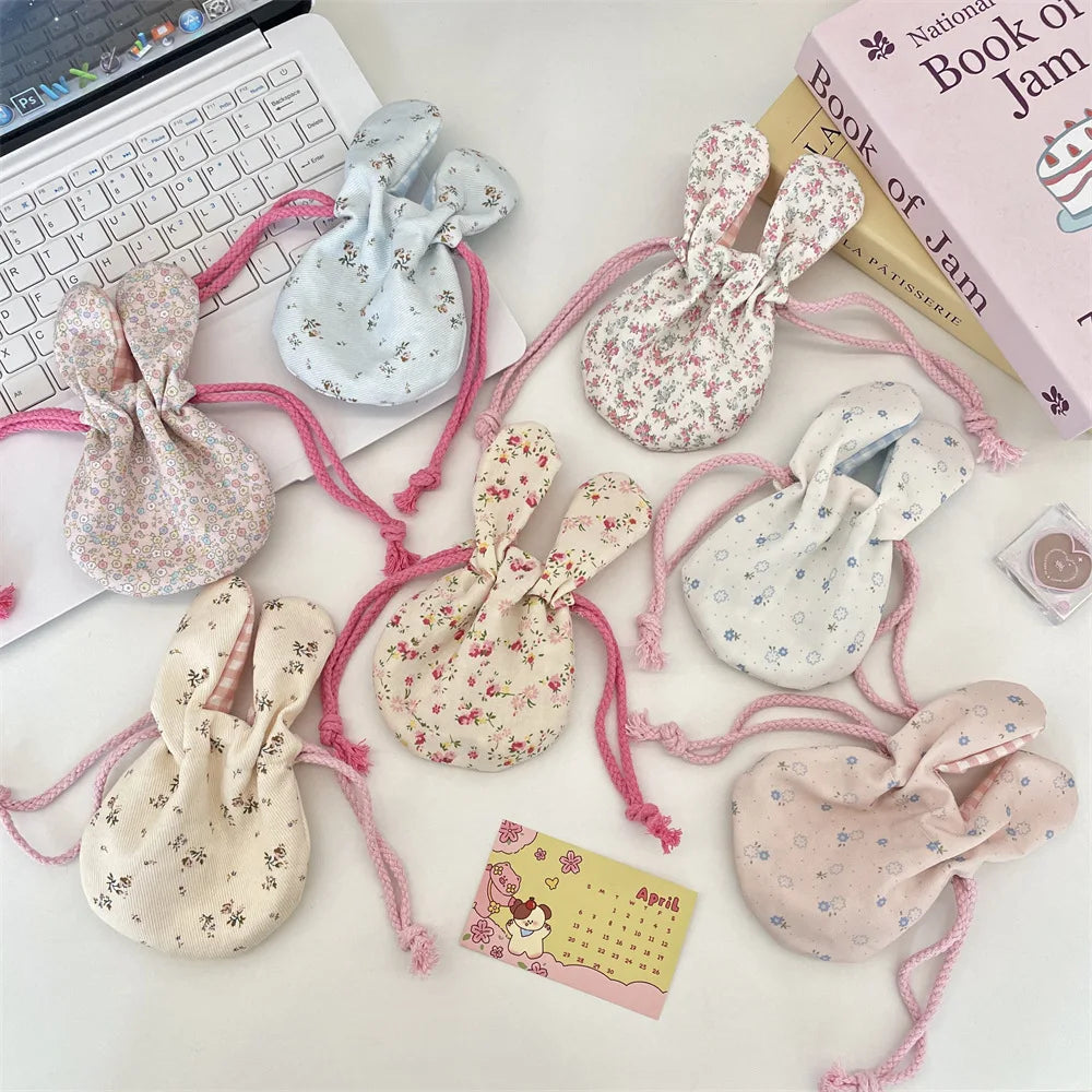 Cute Rabbit Ear Floral Drawstring Storage Bag Outdoor Portable