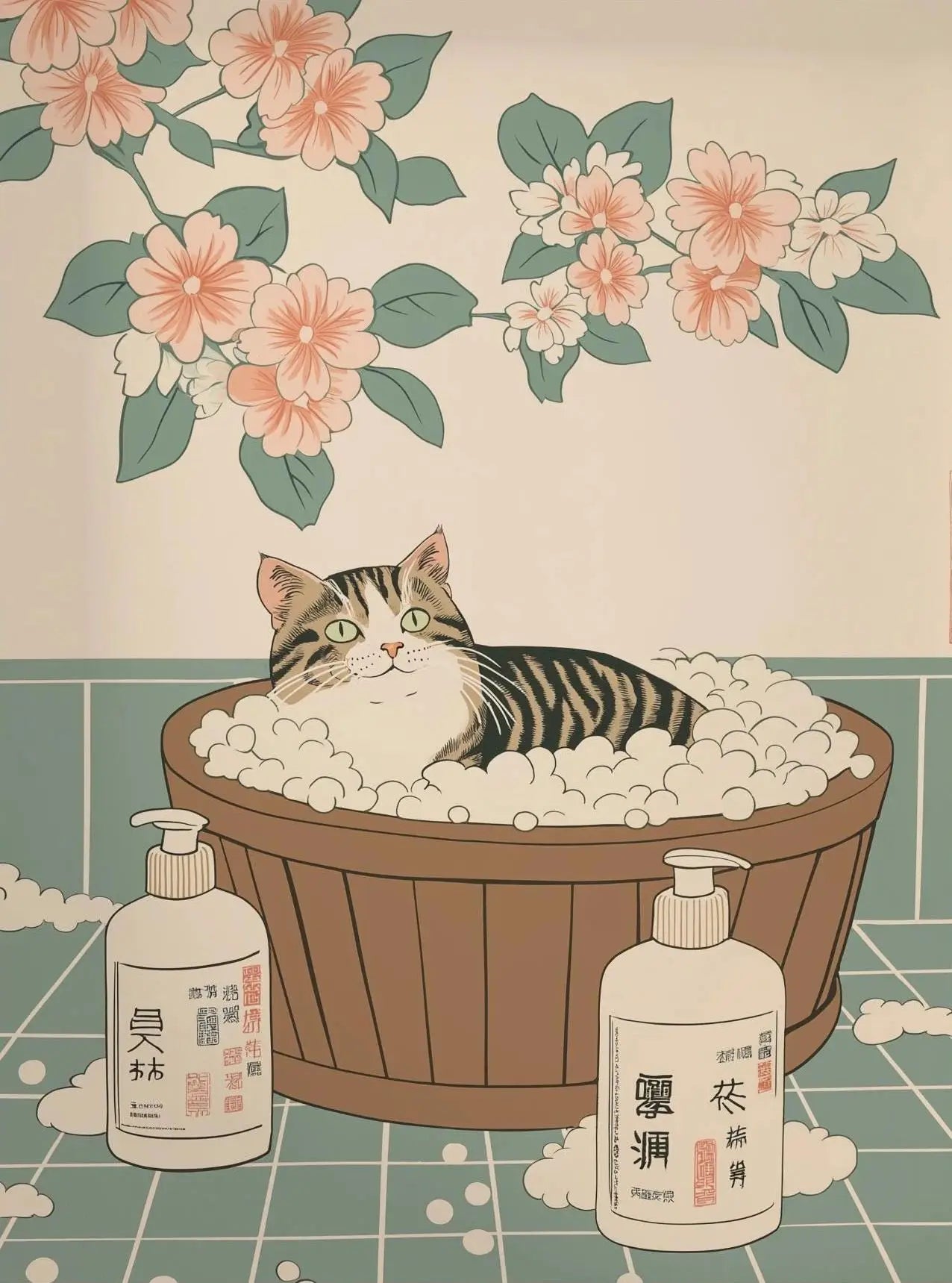 Japanese Cherry Blossom Cat Hot Spring Canvas Wall Art Print Canvas Wall Art Print Peaceful Pleasures Health and Wellness 20 30x40cm Unframed