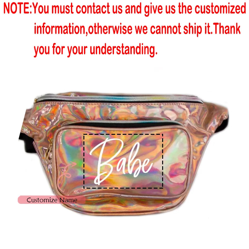 Shiny Laser Fanny Pack – Bachelorette & Wedding Waist Bag Holographic Waist Bag Peaceful Pleasures Health and Wellness custom C 13x30x8cm