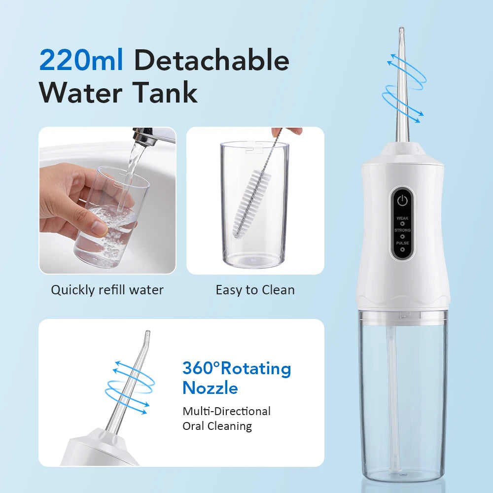 Portable Water Flosser Cordless Rechargeable Oral Irrigator 3 Cleaning Modes 4 Jet Tips 220ml Water Tank Home Travel Teeth Care Peaceful Pleasures Health and Wellness