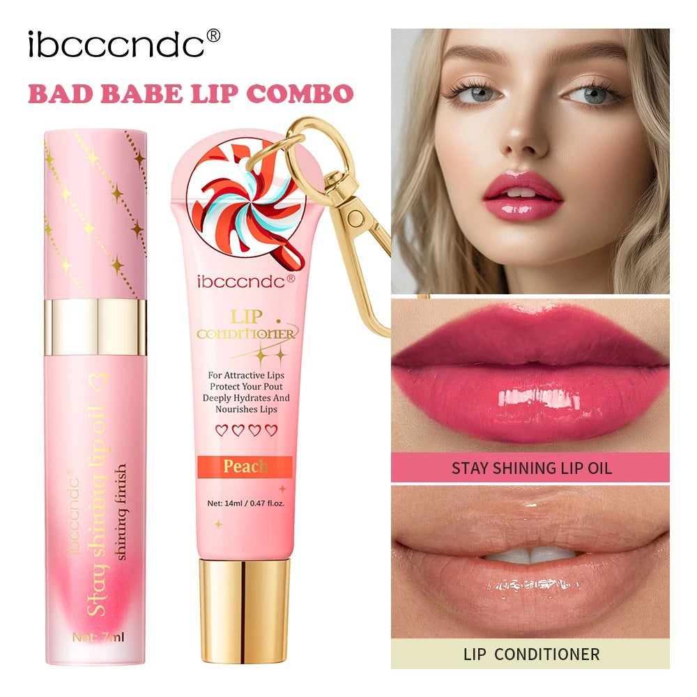 Bad Babe Lip Combo Peach and Clear Lip Gloss Combo with A Keychain Long Lasting Moisturizing Nourish Hydration Plumper Set Peaceful Pleasures Health and Wellness 3strawberry