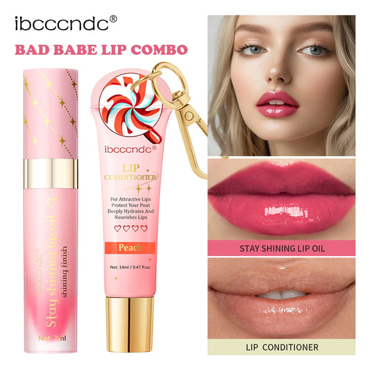 Bad Babe Lip Combo Peach and Clear Lip Gloss Combo with A Keychain Long Lasting Moisturizing Nourish Hydration Plumper Set Peaceful Pleasures Health and Wellness 3strawberry