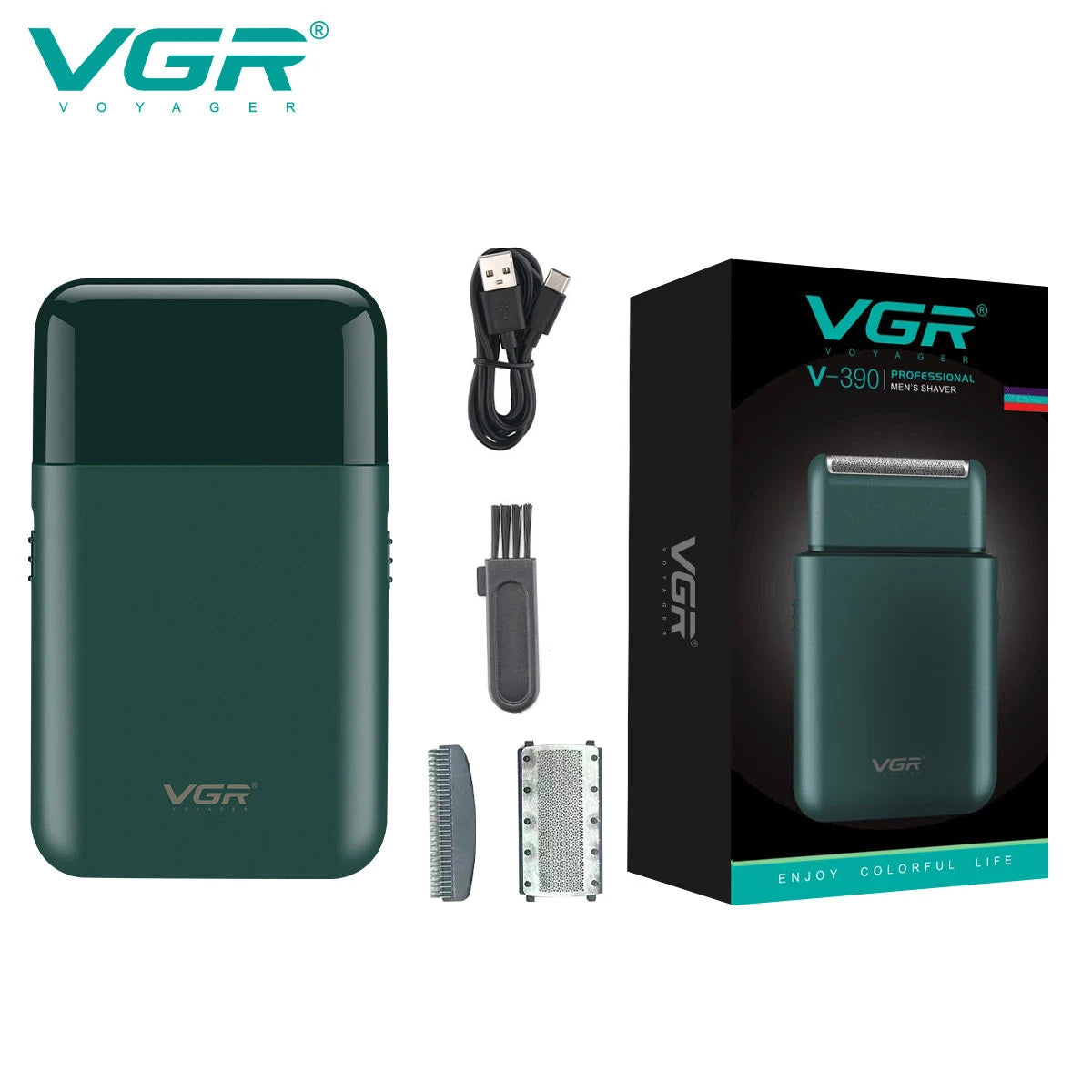 VGR convenient USB charging mini men's shaver electric hair trimmer reciprocating blade deep cleaning razor hair trimmer V-390 Peaceful Pleasures Health and Wellness green blade