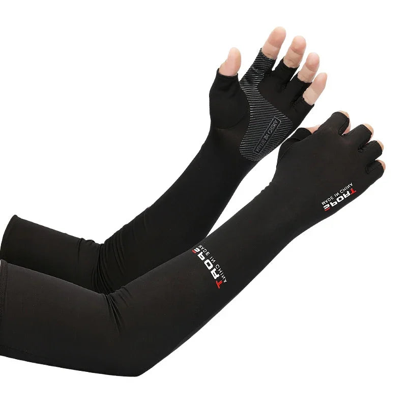1Pair Sport Arm Sleeves Cycling Running Fishing Climbing Arm Cover Sun UV Protection Ice Cool Sleeves 5 Finger Cuff Peaceful Pleasures Health and Wellness black half as picture