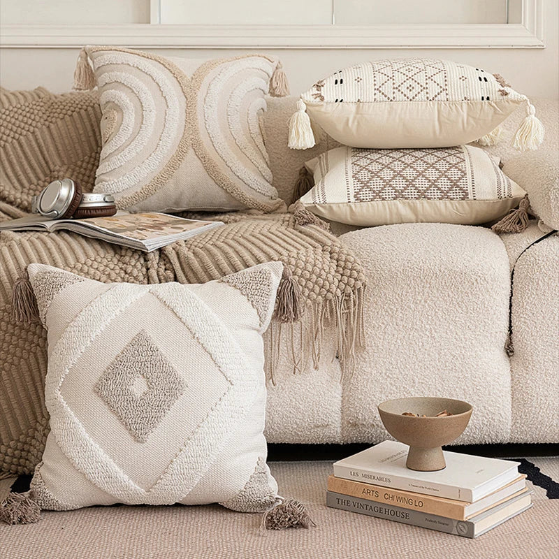 Boho Tassel Throw Pillow Cover | Soft Cotton Cushion 18x18