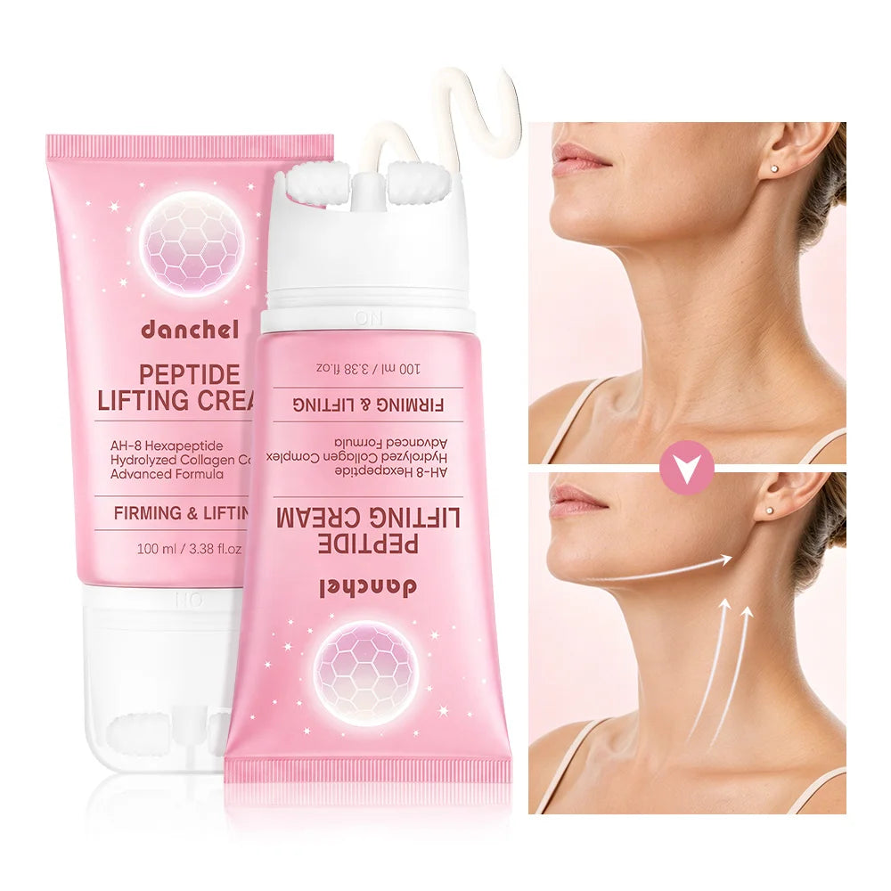 AH-8 Hexapeptide Neck Firming Cream Dual Roller Massage Anti Wrinkle Tightening Sagging Skin Long Lasting Hydration Skincare Peaceful Pleasures Health and Wellness