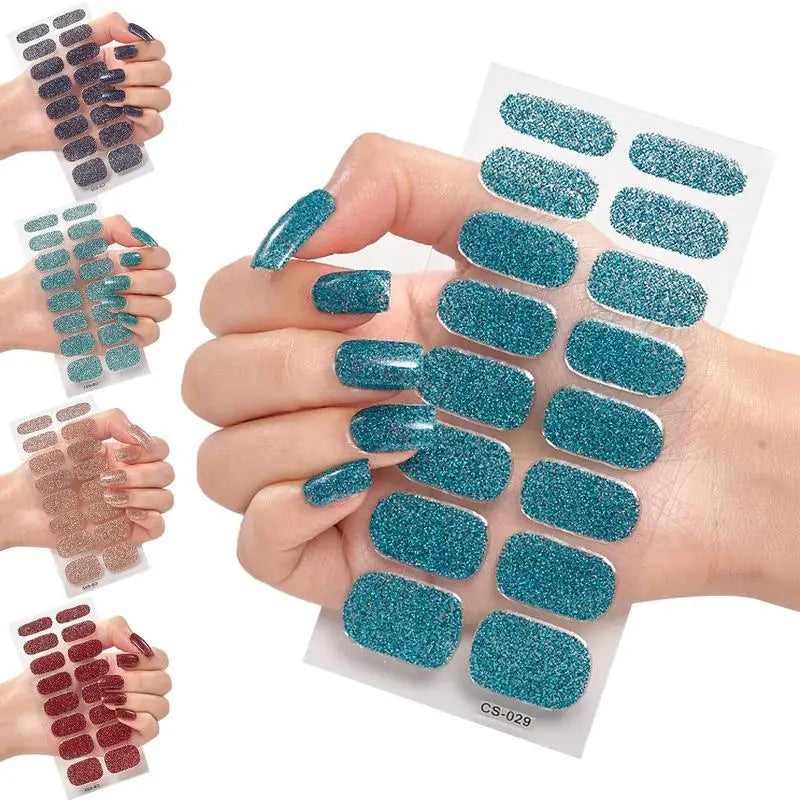 French Glitter Foil UV Gel Nail Wraps – 16-Tip Semi-Cured Strips