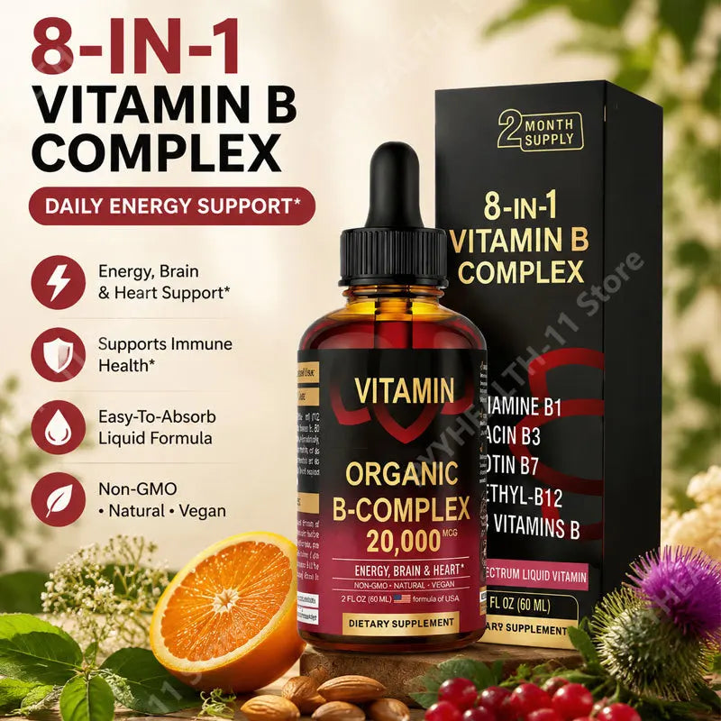 8-in-1 Organic Vitamin B Complex Liquid Drops | B12 Biotin 60mL