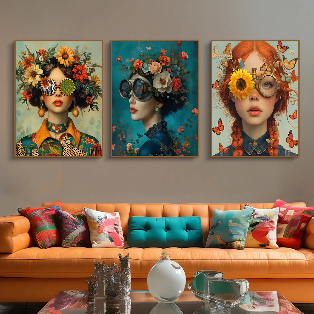 3pcs Nordic Boho Fashion Glasses Woman with Flowers Wall Art Canvas Painting Butterfly Girl Portrait Poster Prints Mural Picture Peaceful Pleasures Health and Wellness ZLH3129-CDE-3PCS 30x40cm Unframed