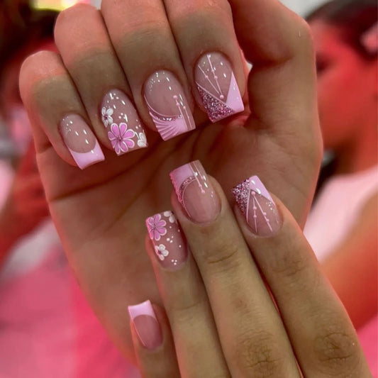 24pcs French Pink Flower Short Coffin Press On Nails | Nude Pink Press On Nails Peaceful Pleasures Health and Wellness 1