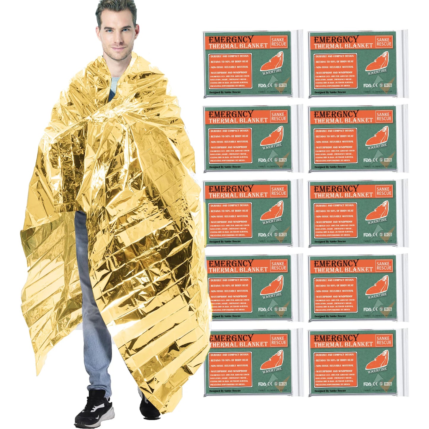 Hypothermia rescue first aid kit camp keep foil mylar lifesave warm heat bushcraft outdoor thermal dry emergent blanket survive Peaceful Pleasures Health and Wellness Glod X 10