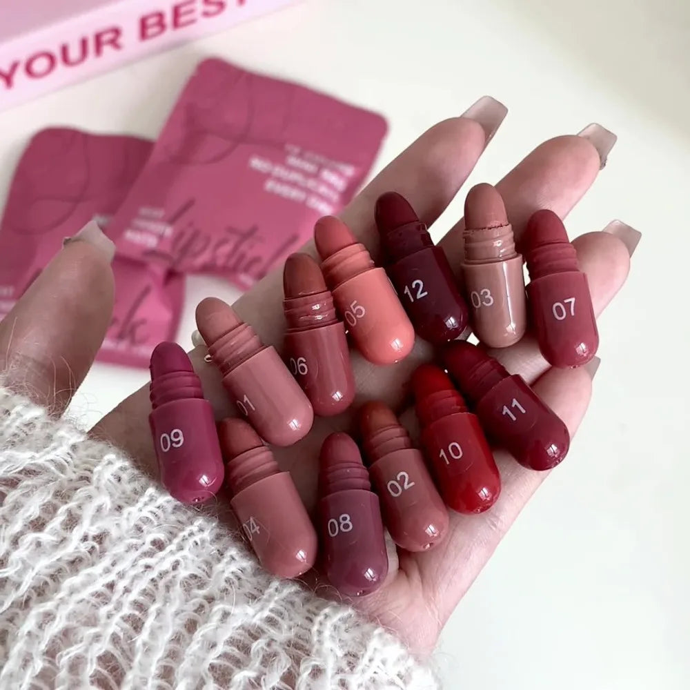 12-Color Velvet Matte Mini Lipstick Set | Waterproof & Long-Lasting