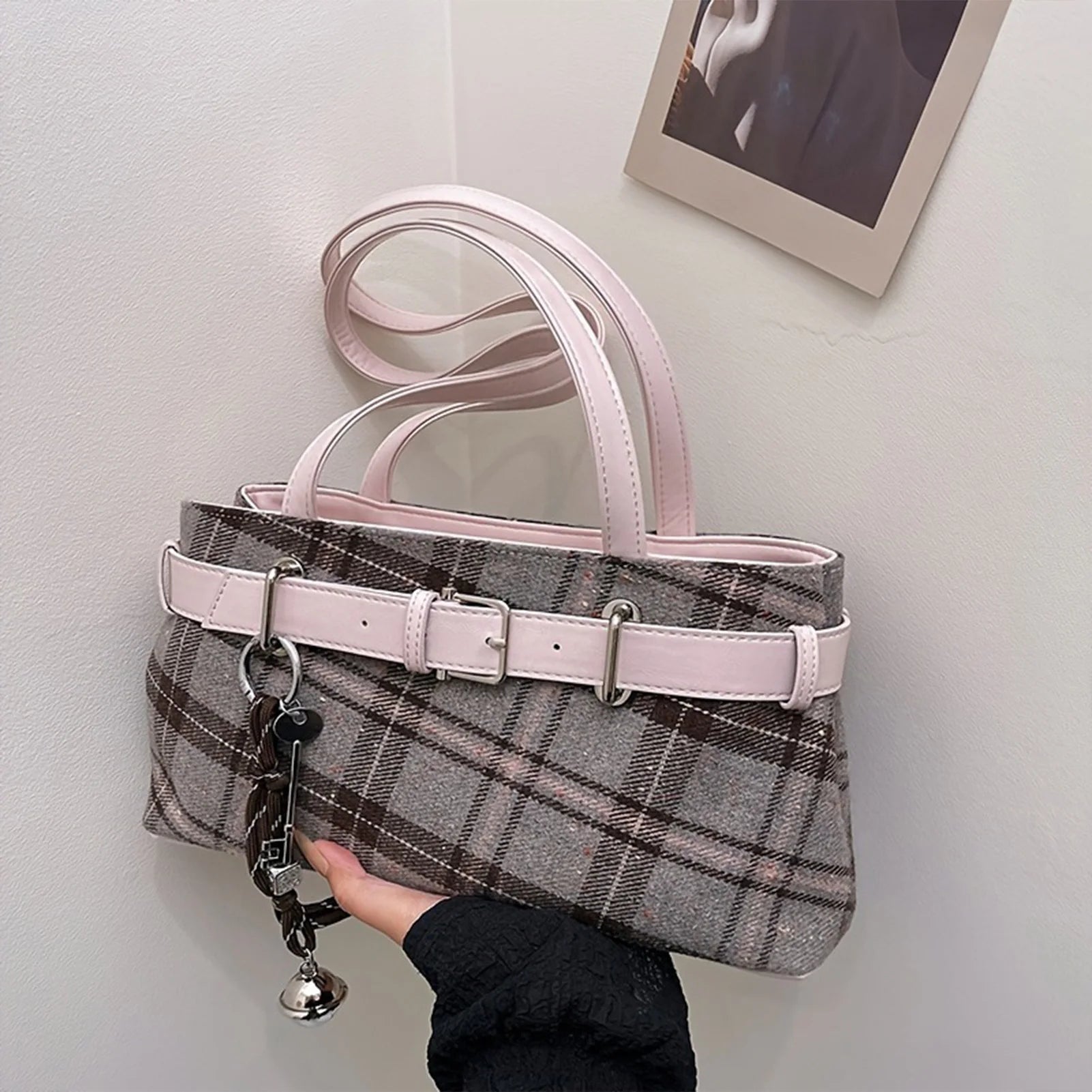 Women's Plaid Shoulder Bag with Vintage Chain Strap Adjustable Tote Crossbody Bag for Commuting Office Work Peaceful Pleasures Health and Wellness