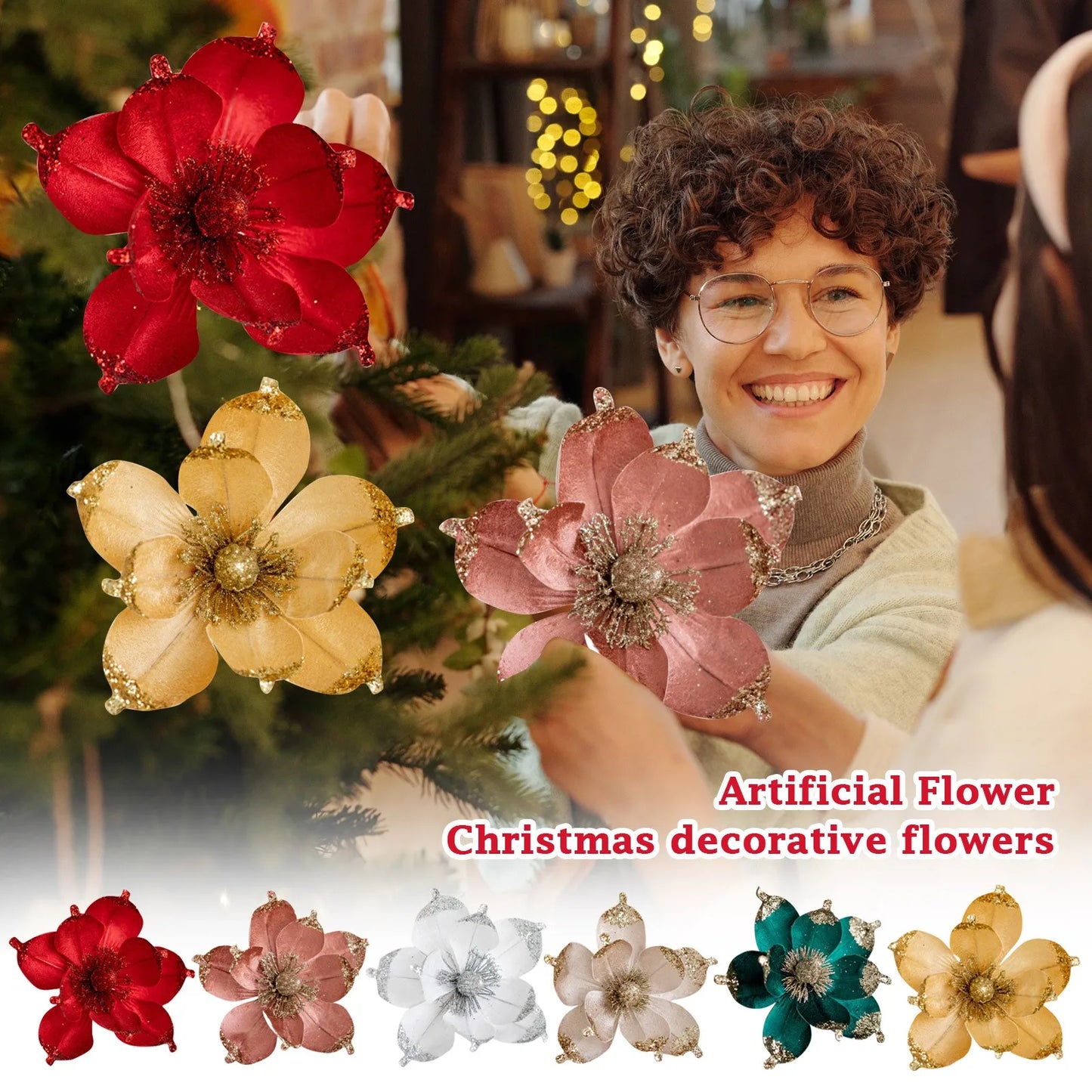 20cm Glitter Magnolia Christmas Flower Pick – Pink Sequin