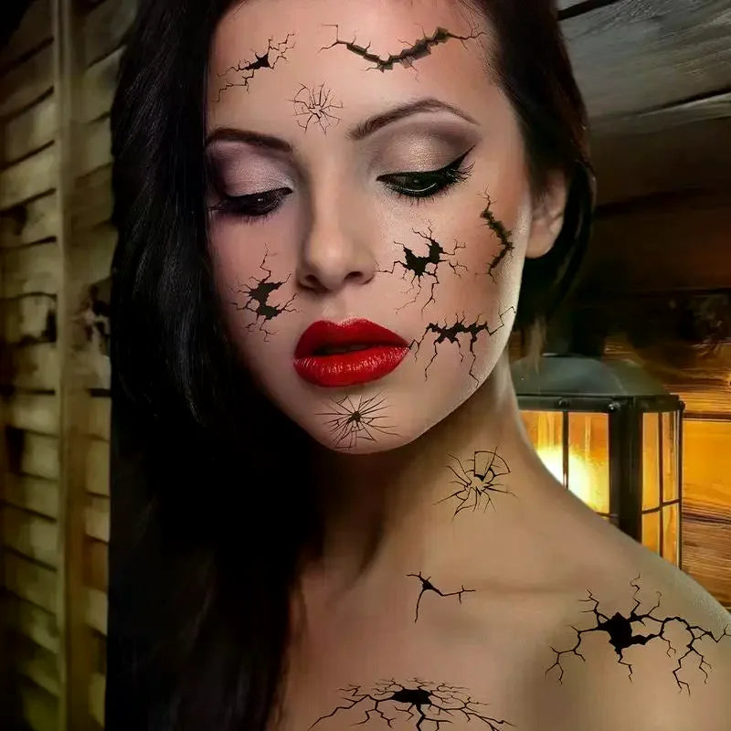 10 Sheet Halloween Crack Mark Face Sticker Spider Web Temporary Tattoos Black Horror Body Makeup Funny Waterproof Tattoo Sticker Peaceful Pleasures Health and Wellness