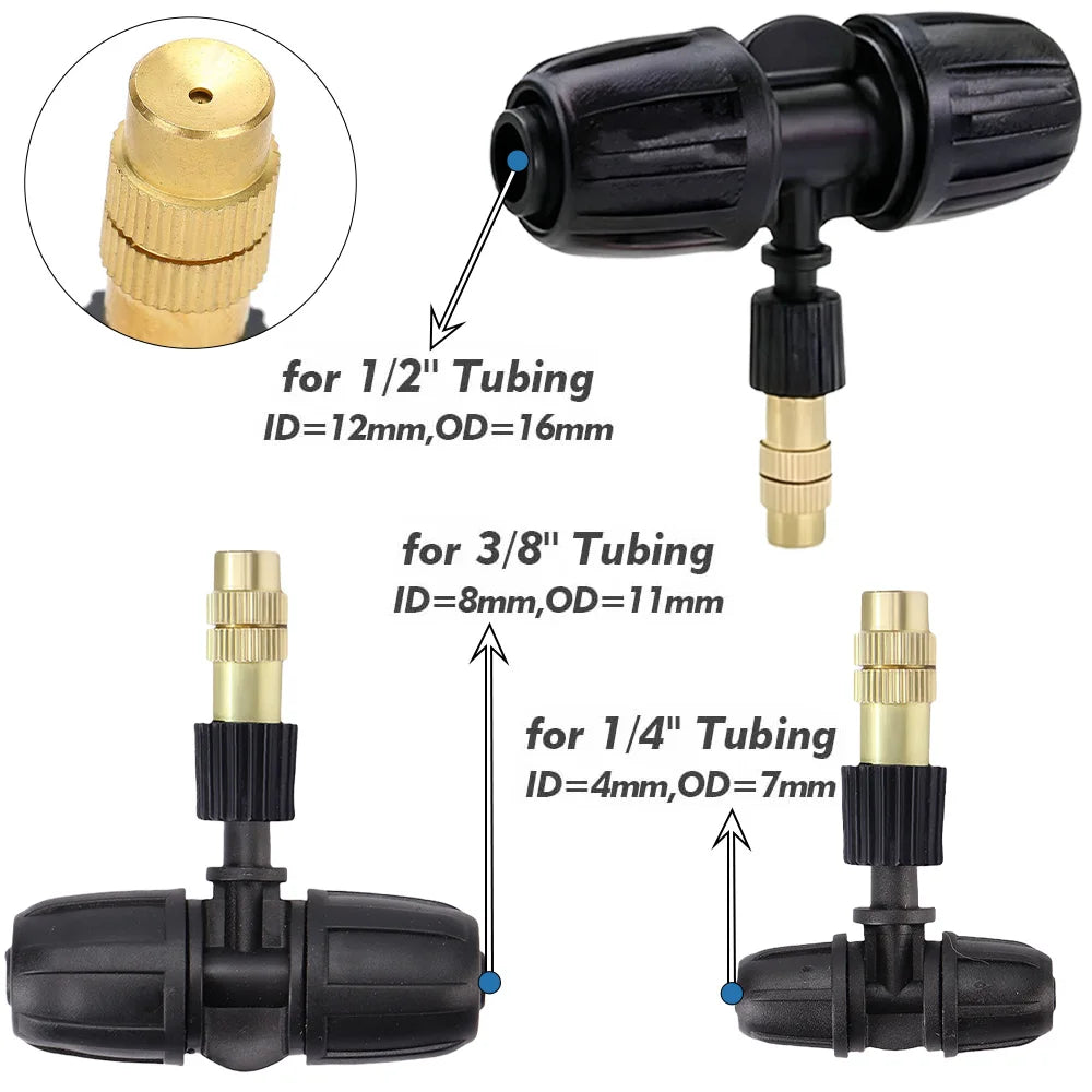 1/4'' 3/8'' 1/2'' Tubing Brass Misting Nozzles with Tee Connector Snap-On Quick Joint Outdoor Garden Irrigation Atomizer Sprayer Peaceful Pleasures Health and Wellness