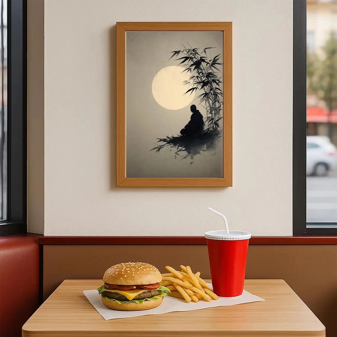 Zen Monk Bamboo Moon Canvas Wall Art | Minimalist Print