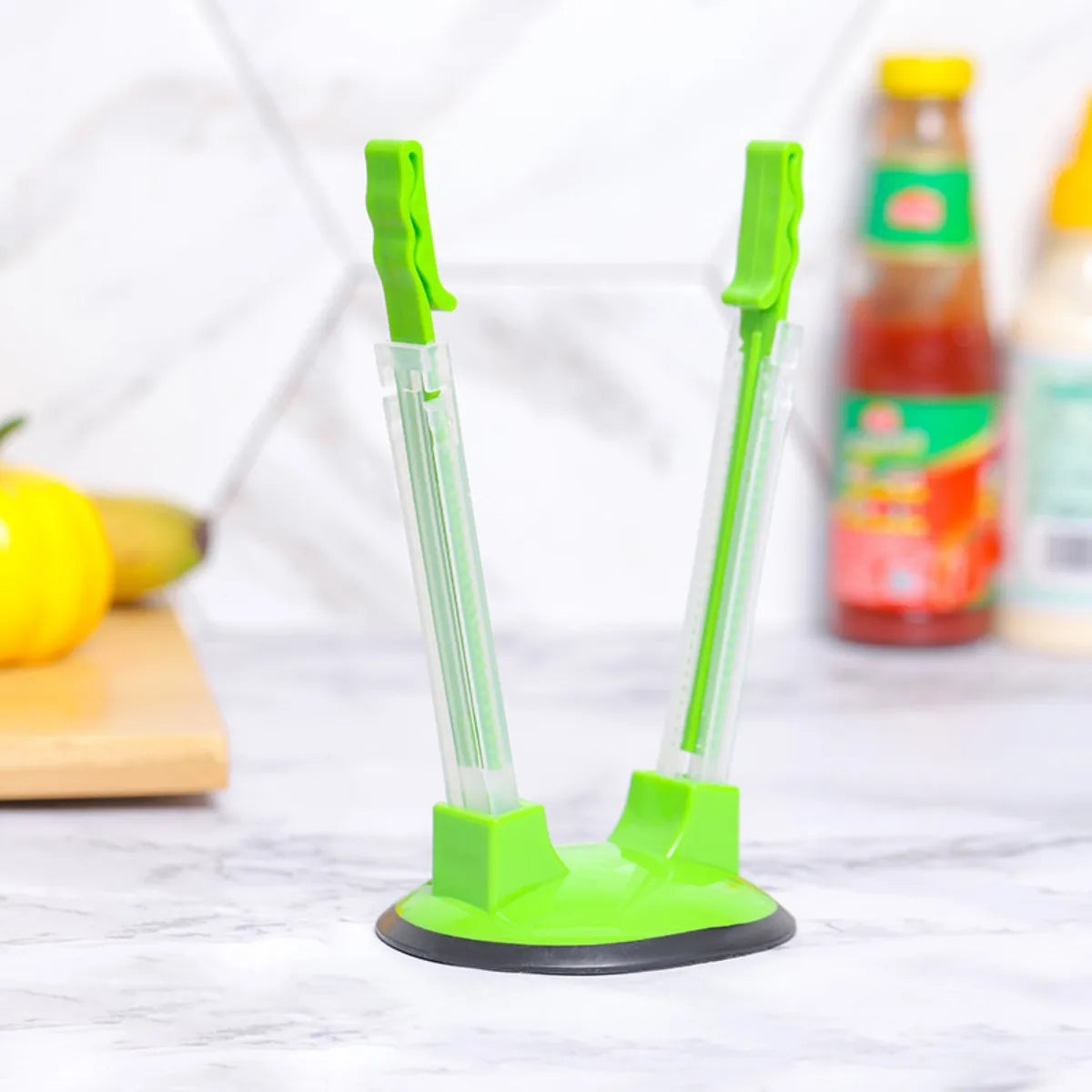 Household food storage bag holder, packaging bag opener, support stand Peaceful Pleasures Health and Wellness green