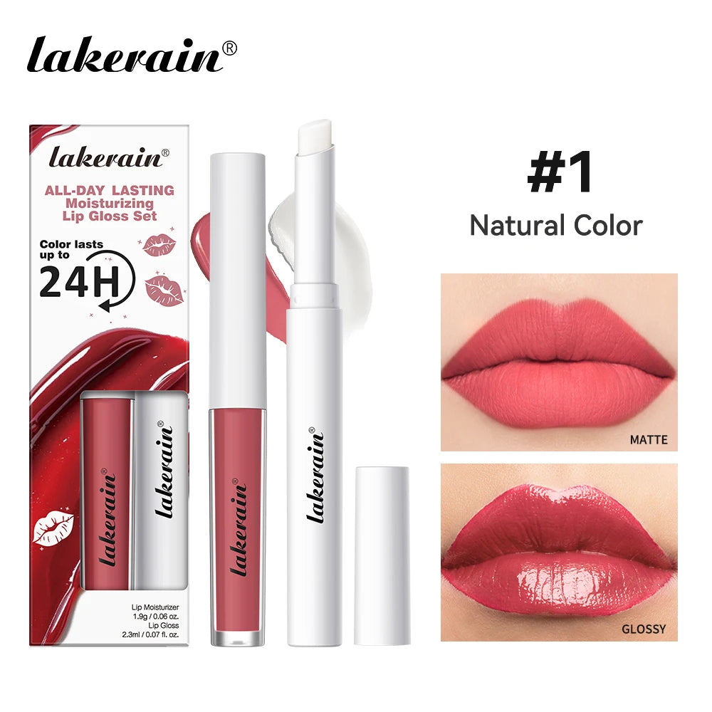Lakerain Moisturizing Lip Gloss 2-in-1 Set Waterproof Sweat-proof Matte Topcoat Finish Long Lasting Moisturizing Smooth Lip Skin Peaceful Pleasures Health and Wellness Natural Color